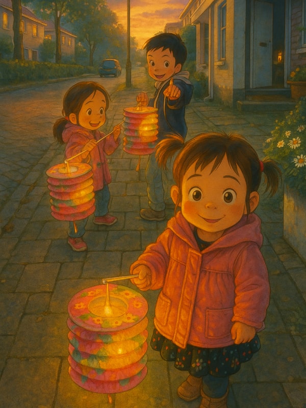 Two children carry glowing paper lanterns while walking along a residential street during twilight, creating a warm and peaceful Mid-Autumn Festival scene in a quiet Dutch neighborhood
